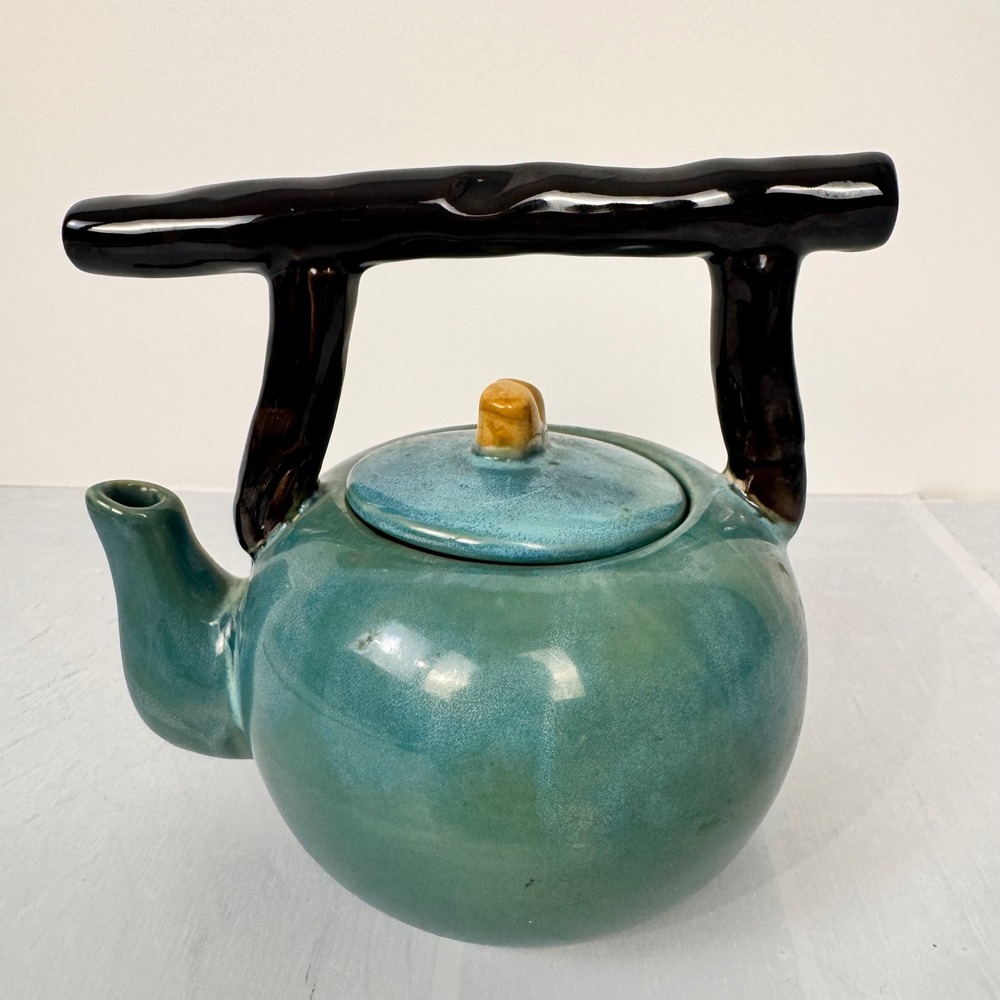 Ceramic Teapot Teal Branch Handle Mid Century Modern Rustic Decor
